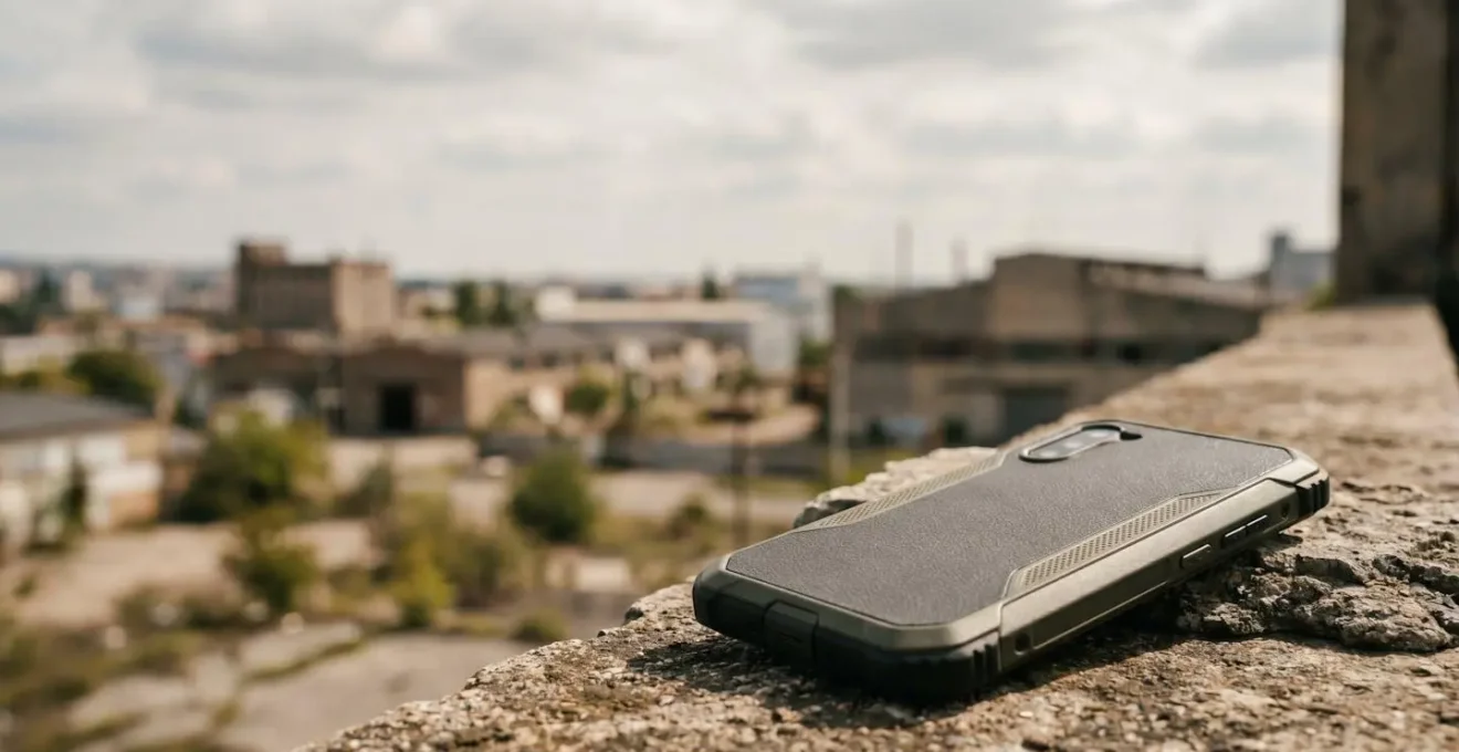 Close-up of a rugged smartphone with reinforced polymer frame and protective corners, captured on a natural outdoor surface showing real-world durability context