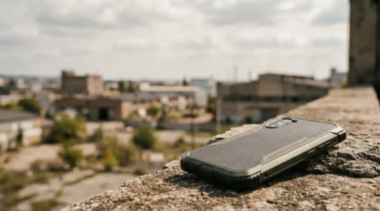 Close-up of a rugged smartphone with reinforced polymer frame and protective corners, captured on a natural outdoor surface showing real-world durability context