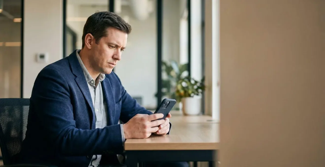 Professional managing document version control on mobile device in modern workspace