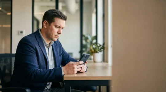 Professional managing document version control on mobile device in modern workspace