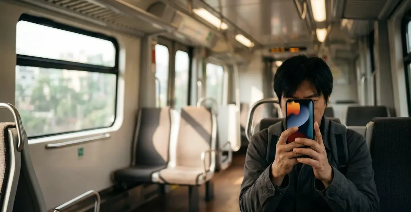 Person holding smartphone on public transit streaming video efficiently without data cap concerns