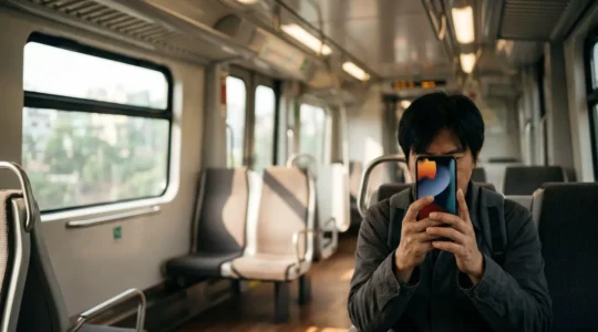 Person holding smartphone on public transit streaming video efficiently without data cap concerns