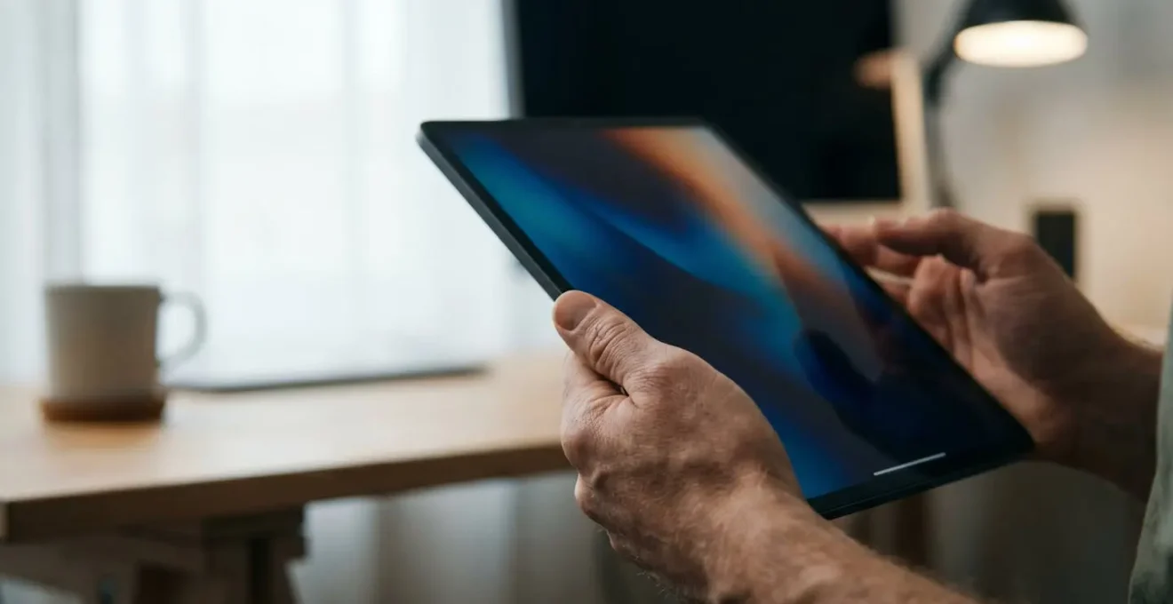 Professional mobile designer working with OLED tablet in dramatic lighting showcasing true black levels
