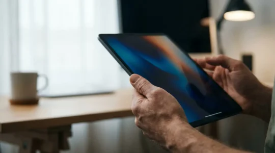 Professional mobile designer working with OLED tablet in dramatic lighting showcasing true black levels