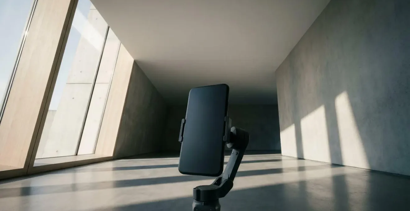 Professional mobile vlogging setup showing smartphone mounted on gimbal capturing high dynamic range video in challenging mixed lighting environment