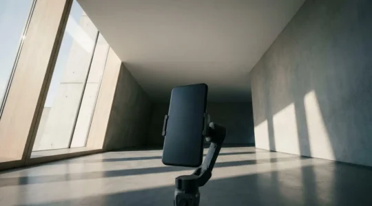 Professional mobile vlogging setup showing smartphone mounted on gimbal capturing high dynamic range video in challenging mixed lighting environment