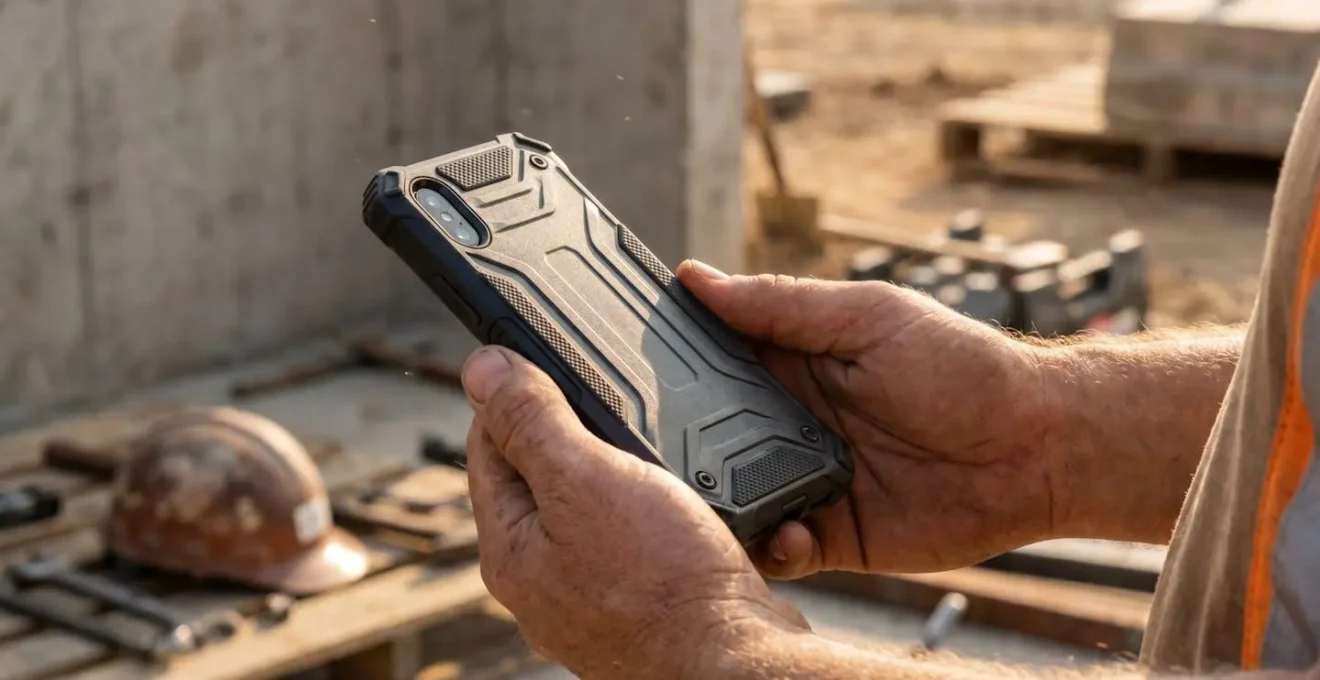 Professional outdoor worker inspecting heavy-duty smartphone protection in rugged industrial environment