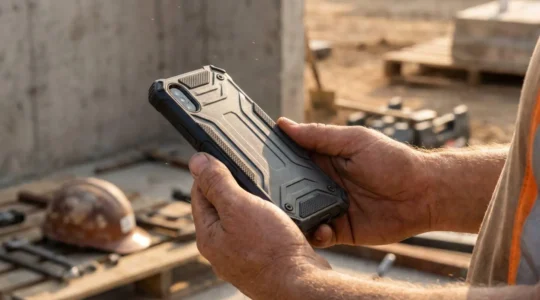 Professional outdoor worker inspecting heavy-duty smartphone protection in rugged industrial environment