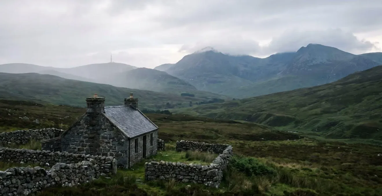Highland stone cottage beneath misty mountain peaks with radio tower in distance