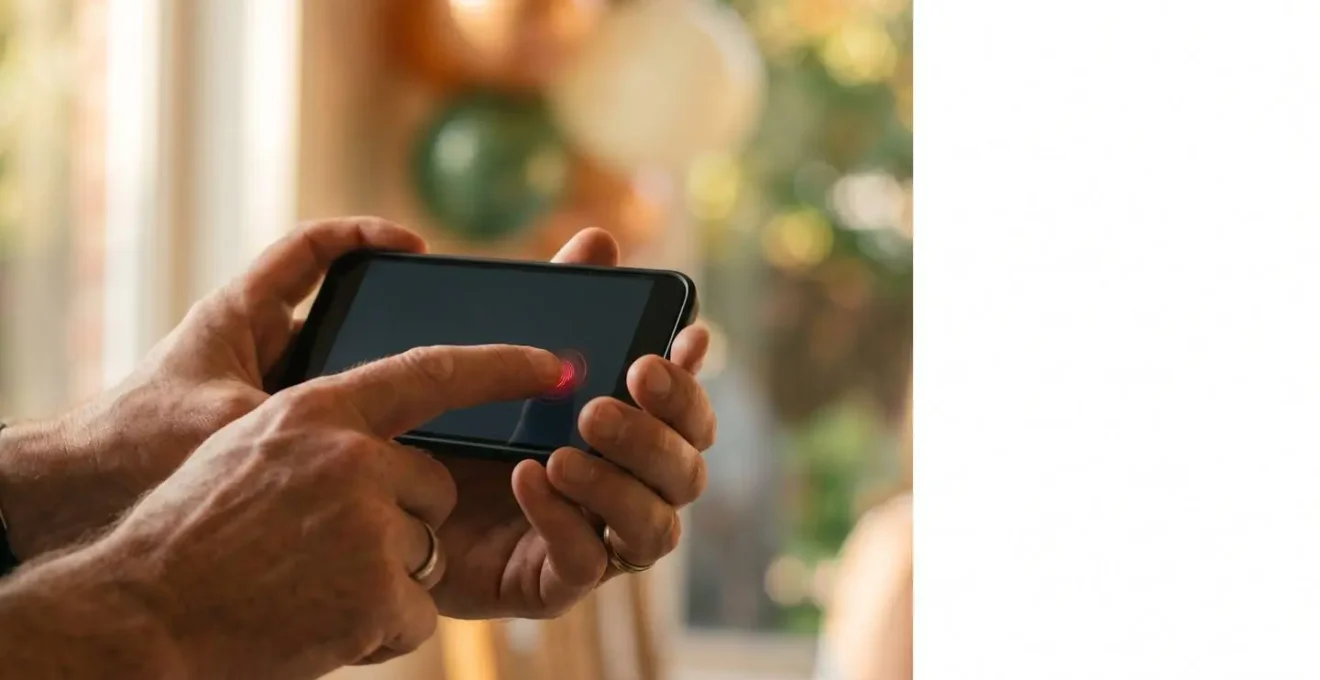 Person holding smartphone in landscape orientation preparing to record a meaningful moment