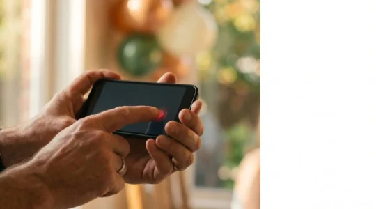 Person holding smartphone in landscape orientation preparing to record a meaningful moment