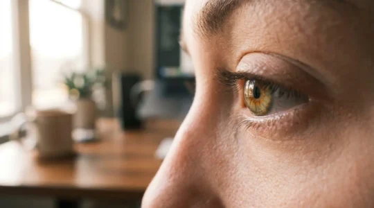 Close-up of human eye reflecting smooth high refresh rate display motion with minimal motion blur