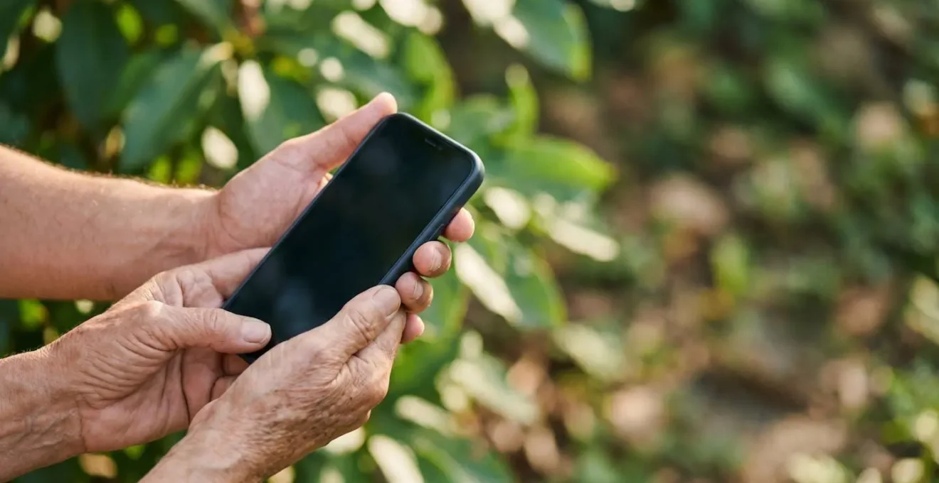 Person holding modern smartphone against natural outdoor background with sustainable technology concept