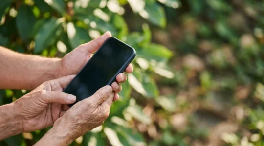 Person holding modern smartphone against natural outdoor background with sustainable technology concept