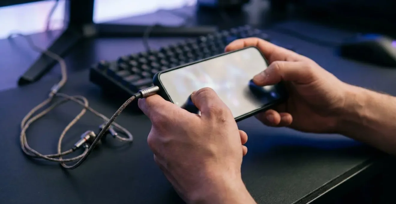 Mobile gaming scene showing competitive player using headphones with spatial audio cues visualization
